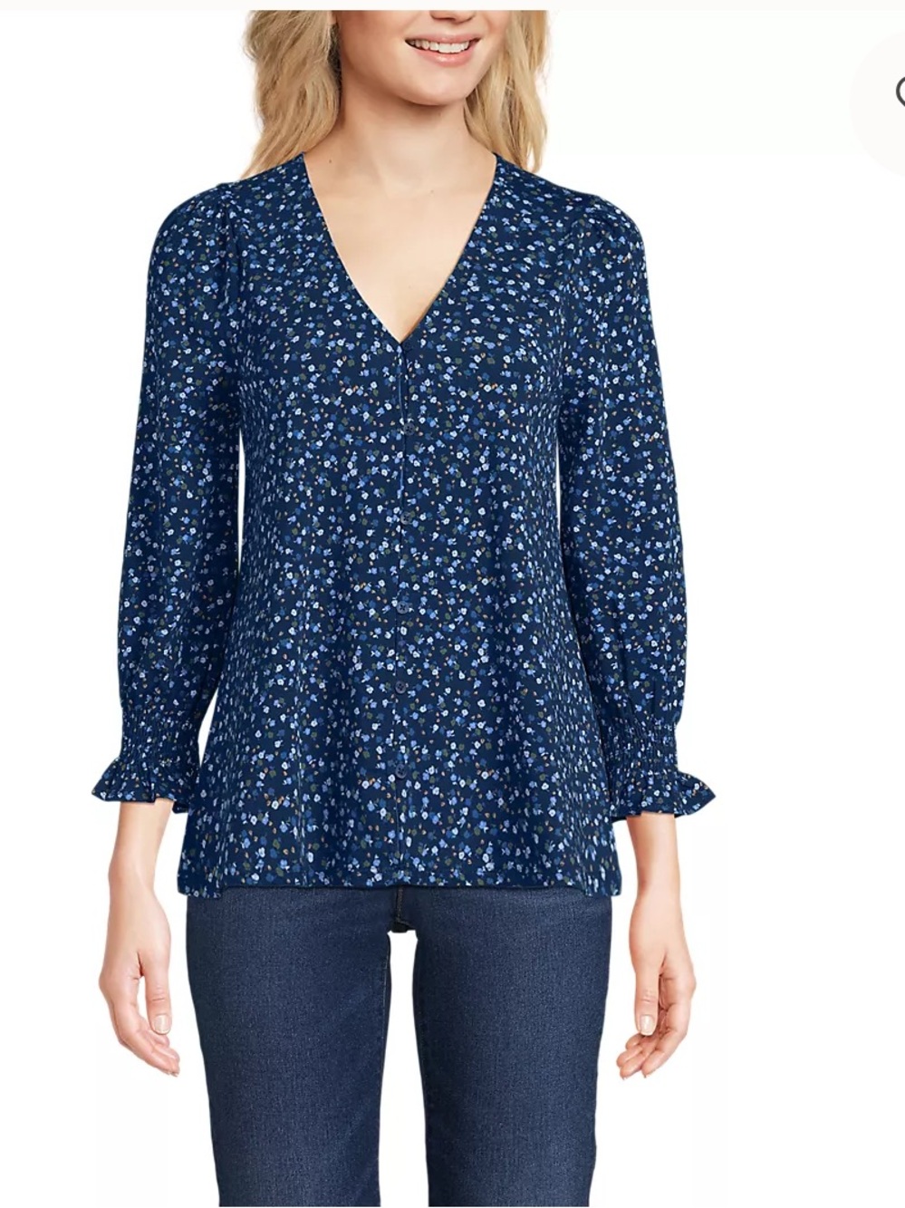 Lands' End Navy Blue Floral 3/4 Sleeve Lightweight Jersey Button Front Top M - Picture 3 of 11
